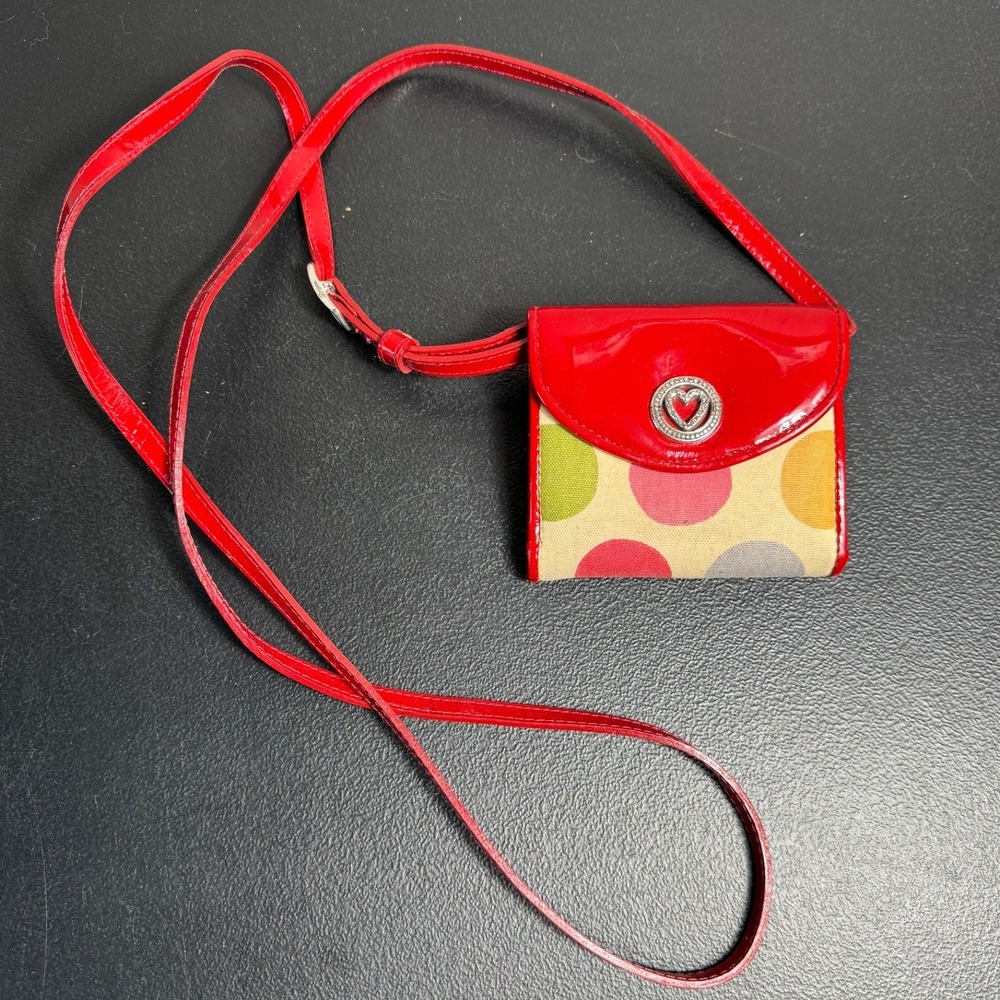 Brighton Striped Canvas Red Patent Leather Shoulder Bag Heart Charm Multicolor